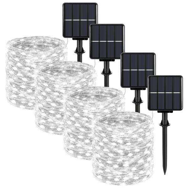 Extra-long 288FT Solar Fairy String Lights, 4-Pack Each 72FT 200 LED Outdoor Twinkle Lights Waterproof 8 Lighting Modes Daylight White Silver Wire Lights for Deck Backyard Tree Garden Fence Pool Party