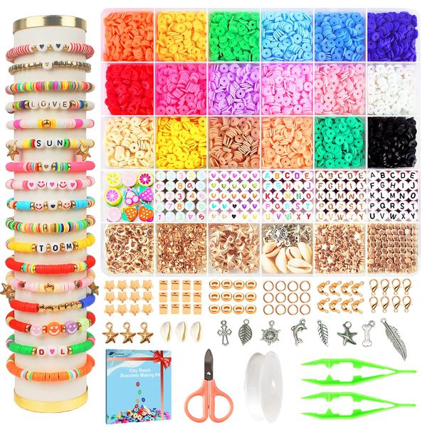 Fournine 5300 pcs Clay Beads Bracelet Making Kit, Friendship Bracelet Kits Flat Beads for Jewelry Making, Polymer Heishi Beads Set for Bracelet Necklace DIY Crafts Gift for Teen Girls