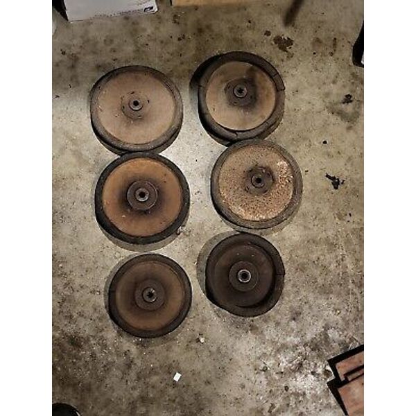 Lot Of 6 vintage WAGON or Pulley wheels 1950s steel USED hard derby 9" & 8" RUST