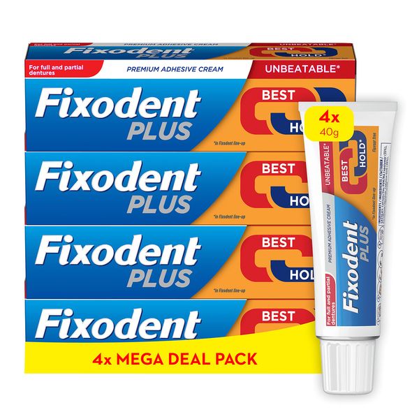 Fixodent Plus Denture Adhesive Cream, Best Hold, Premium, Up To 88% Of The Hold At The End Of The Day, 40 g (Pack of 4)