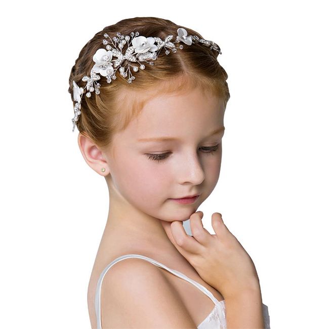 IYOU Princess White Flower Headpiece Pearl Hair Dress Crystal Bridal Wedding Hair Accessories for Girls