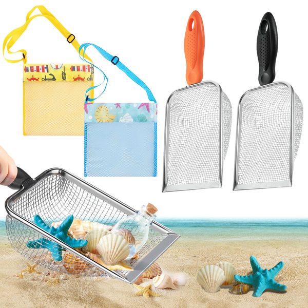 4 Pcs Beach Sand Sifter, 2 Mesh Beach Bag and 2 Beach Mesh Shovel Beach Sifter Tool for Picking Up Shells Beach Combing Rock Hunting