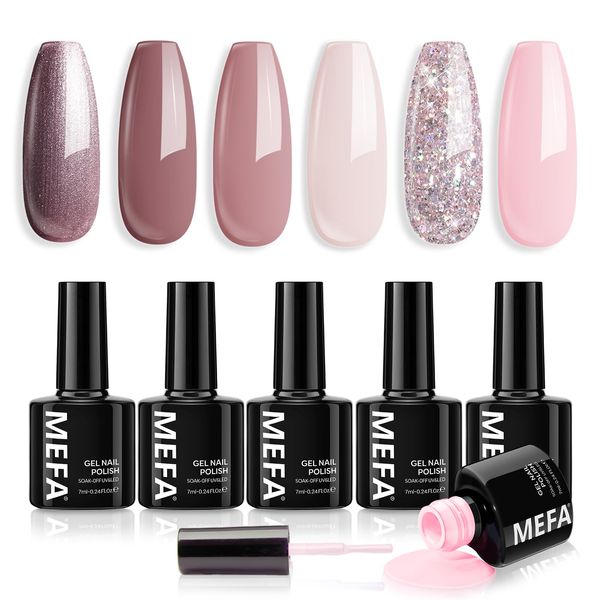 MEFA Nude Pink Glitter Gel Nail Polish Set, 6 Colors Nude Purple Pink Glitter Gel Polish Set Starter Kit Gel Nail Set Soak Off UV/LED Gel Polish Manicure at Home DIY Salon