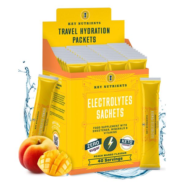 Key Nutrients Electrolytes Sachets - Multivitamin & Minerals Electrolytes Powder 40 Servings of Tropical Peach Mango Hydration Sachets - Supercharged Rehydration Sachets with 16 Vitamins & Minerals