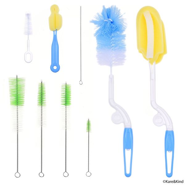 Baby Bottle Cleaning Kit - Set of 9 Cleaning Brushes for Cleaning Baby Milk / Water Bottles, Nipples, Caps, Straws, Tubes, etc. - Makes Your Bottle Sterilising Routine Easier - Safe Food Grade