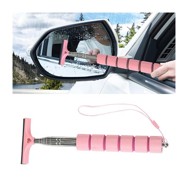 AICEL Car Side Mirror Squeegee, Rearview Mirror Wiper with Telescopic Long Handle, Retractable Small Auto Window Squeegee Cleaner, Portable Glass Cleaning Tool Universal Car Accessories (Pink)