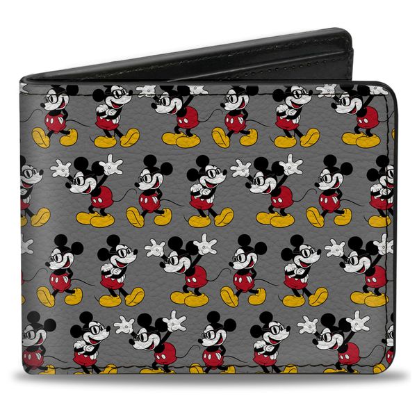 Buckle-Down Men's Nerdy Mickey Mouse 3-Pose Stripe Gray Bi-Fold Wallet, Multicolor, Default Size