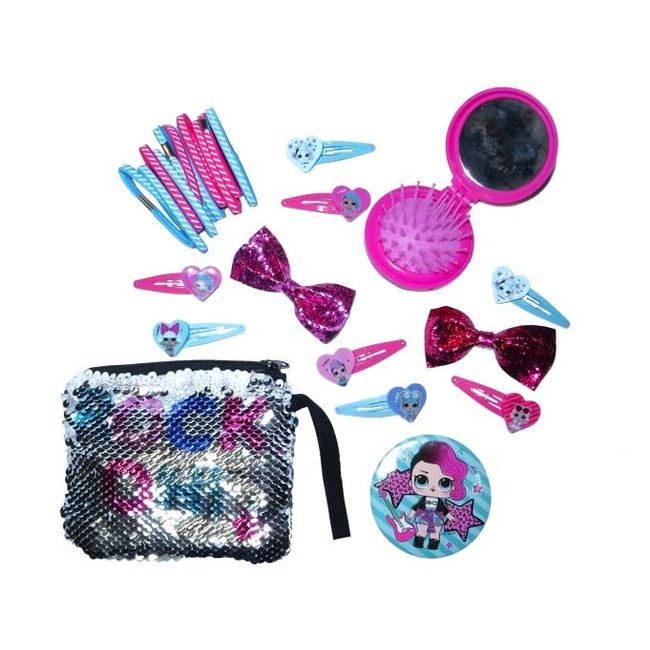 LOL Surprise! 26pcs Girls Kids Hair Accessories Bundle - Hair Brush, Hair Clips, Hair Ties, Hair Bows, Sequin Zipped Bag, Mirror