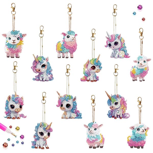 DNWFZ Diamond Painting Anhänger 12 Stück 5D Diamond Painting Schlüsselanhänger Kinder Erwachsene DIY Malerei Stickerei Diamant Einhorn Painting Anhänger Art Lamm Handtasche Schlüssel Craft Kits