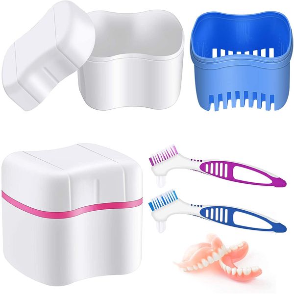 BTwood - Denture Bath Kit - Includes 2 Denture Bath Cups + 2 Denture Cleaner Brushes + 2 Strainer Baskets - Ideal for Dentures, Retainers & Mouthguards, 1.0 Fl Oz