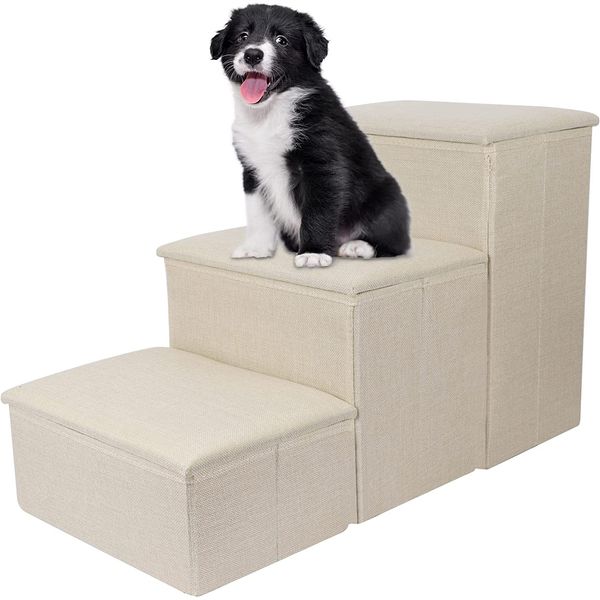 Dog Stairs with Storage, Foldable Pet Steps for High Beds, 3-Step Pet Stairs Ram