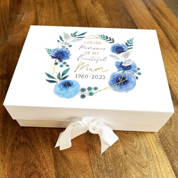 Fingerprint Designs Rectangular Blue Floral Memorial Personalised Keepsake Box, Large Size, Memory Box