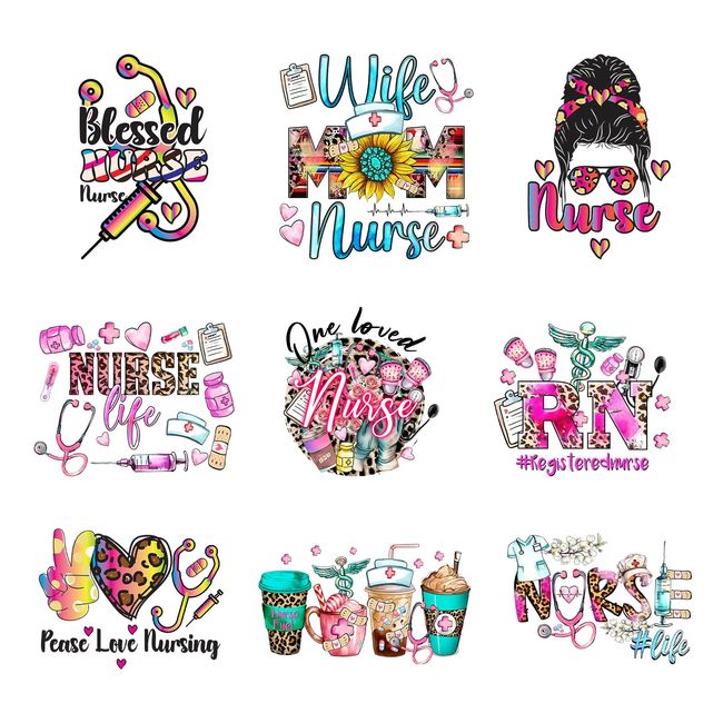 9pcs Blessed Nurse Iron on Transfer Patches for Clothing DIY Washable Iron on Stickers for Clothes Heat Transfer Vinyl Decals Appliques