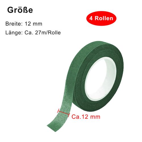 4 Rolls of Flora Crepe Tape, Green Florist Tape, 12 mm x 27 m, Self-Adhesive Florist Crepe Flower Tape, Adhesive Tape, Flora Flower Tape for Bouquets, DIY Crafts, Florist Floral Wire Tape, Green