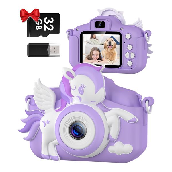 GREENKINDER Kids Camera, Toddler Digital Camera for Ages 3-12 Girls Boys Childrens, Christmas Birthday Gifts, Selfie 1080P HD Video Camera for 3 4 5 6 7 8 9 Years Old Little Girls Boys Toys Purple