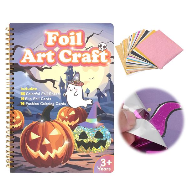 NQEUEPN Halloween Foil Art Craft, Colorful Foil Fun Sheet Creative DIY Halloween Art & Craft Kit Halloween Foil Art-Book Halloween Activity Supplies for Kids