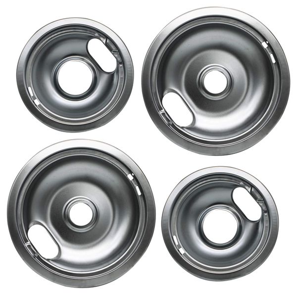 W10196406 and W10196405 Chrome Stove Burner Drip Pan Set for Whirlpool Amana Maytag Magic-Chef Kenmore Electric Range with Locking Slot, Includes 2 6-Inch and 2 8-Inch Drip Bowls