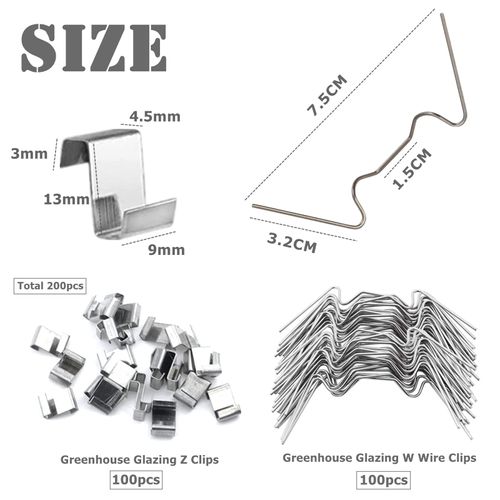 100pcs Greenhouse Glass Clips Stainless Steel Greenhouse Window Clips Glass Pane Fixings Clips,50x Greenhouse Glazing W Wire Clips and 50x Z Overlap Clips for Greenhouse Glass Replacement Accessories