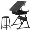 Drafting Table Art Desk Adjustable Height Drawing Table w/ 2 Drawers Stool Black
