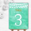 Mint Green & Gold Lights Watercolour Wedding Table Number Name Cards