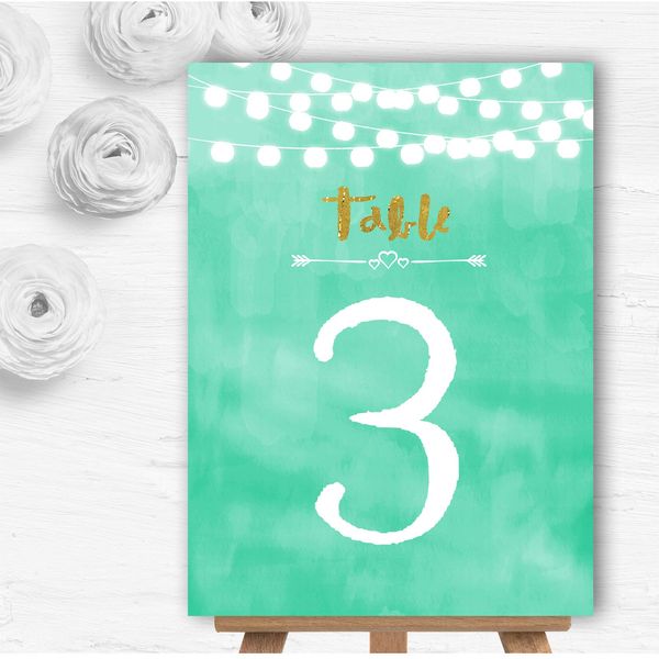 Mint Green & Gold Lights Watercolour Wedding Table Number Name Cards
