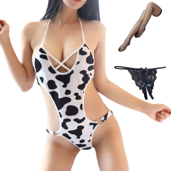 OLYOLY [3-Piece Set] Cow Pattern, Ultra High Leg Leotard, Extreme Sister Cosplay Underwear, Brazilian Anicos, Wet See-through, Sexy Lingerie, Swimsuit, Knee High, With Perforated Thong (04)