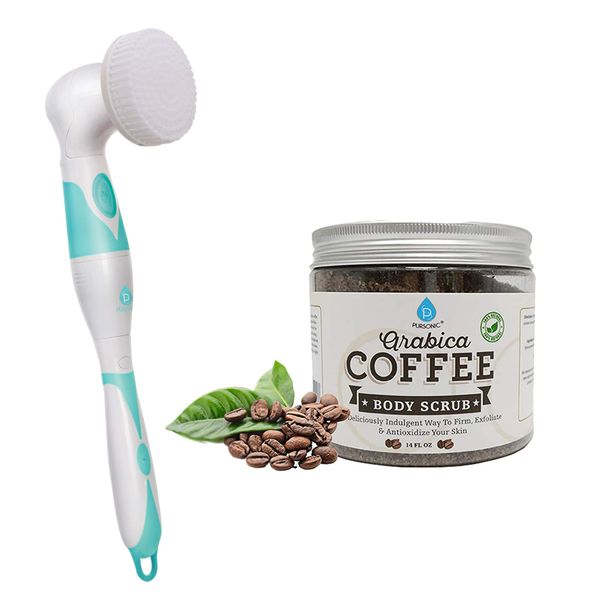 Pursonic Advanced Facial and Body Cleansing Brush with Extended Handle Includes Facial Brush, Body Brush, Pumice Stone and Sponge Brush & Arabica Coffee Scrub 14oz