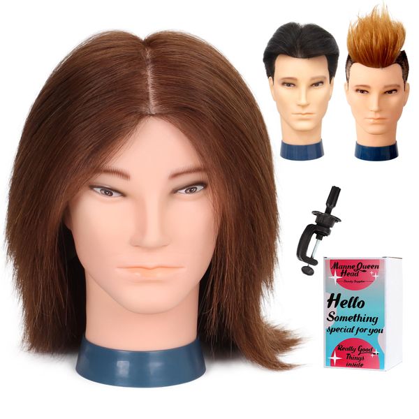 Male Mannequin Head with Human Hair 14'' Barber Mannequin Head Practice Male Haircut 100% Manikin Head Doll Head for Hairdresser Cutting Styling with Clamp Stand