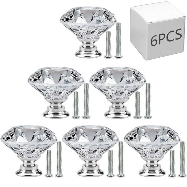 JIIDAA 6 PCS Cabinet Knobs with 2 Sizes Screws, 30mm Drawer Handles Crystal Glass Diamond Shaped cupboards Door Knobs for Dresser Drawers and Kitchen, Bathroom Cabinet, Office