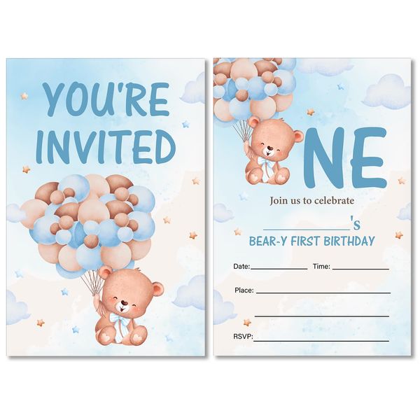 Soiceu Blue Bear Boy First Birthday Invitations with Envelopes Set of 20 Watercolors Bear Balloon 1st Birthday Party Invites Fill in Blank