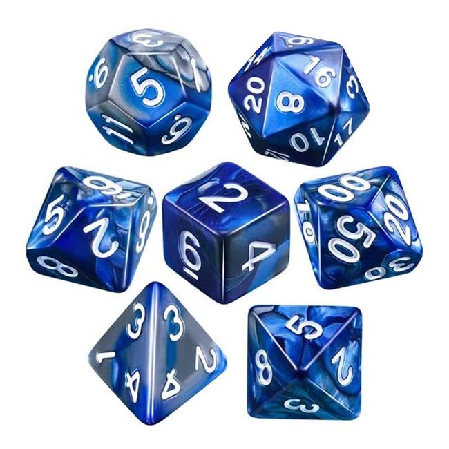 XSAJU TRPG Dice, Polyhedral Dice, 7 Pieces, 4, 6, 8, 10, 12, 20, Card Games, Table Games, Educational (Blue x Silver)