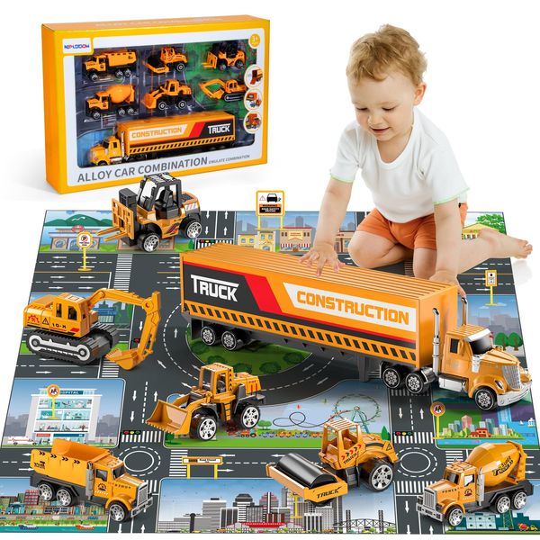 NIPLOOOW Construction Toys for 3 4 5 6 Years Old Boys Girls Kids, Die Cast Metal Truck Toys W/Play Mat, Sand Toys Trucks Excavator, Dump Truck, Road Roller, Cement Mixer, Car Toys Set for Kids Toddler