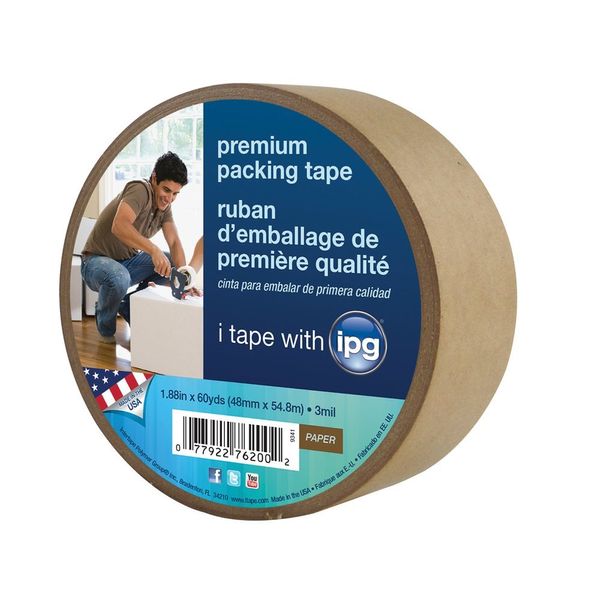 IPG 9341 Kraft Paper Flatback Premium Packing Tape, 1.88" x 60 yd, Brown, (Single Roll) (packaging may vary)