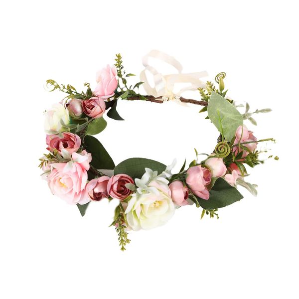 Vivivalue Women Floral Crown Girl Flower Headband Hair Wreath Floral Headpiece Halo Wedding Party Photos Pink