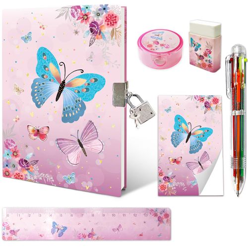 Girls Diary with Lock, Kids Journal Stationary Set for PreSchool Teen Learning Writing Drawing Age 6,8,10,12 Years Butterfly Gift with Notebook Memo NotePad 6 Multicolored Pen Ruler Sharpener Eraser