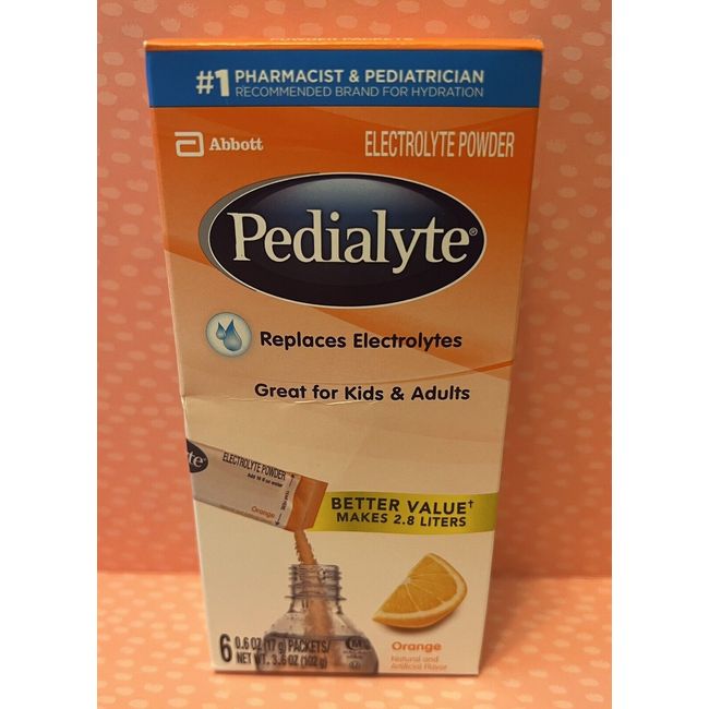 Pedialyte oral ELECTROLYTE POWDER replacement 6 ORANGE packets 10/01/2024 NEW