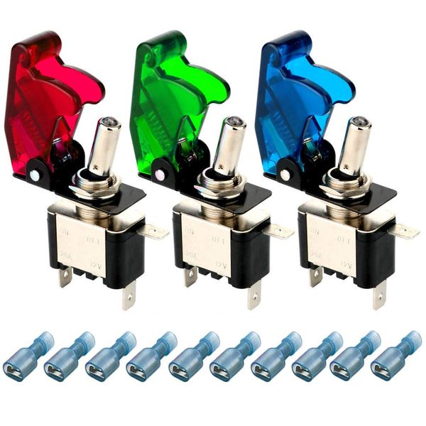 Kiligen 3pcs 12V-24V 20A Missile Switch Toggle Switch On/Off SPST 3 Pole Toggle Rocker Switch with LED (Red Green Blue) Used for Car Truck Boat + 10pcs T Shape Wiring Connector