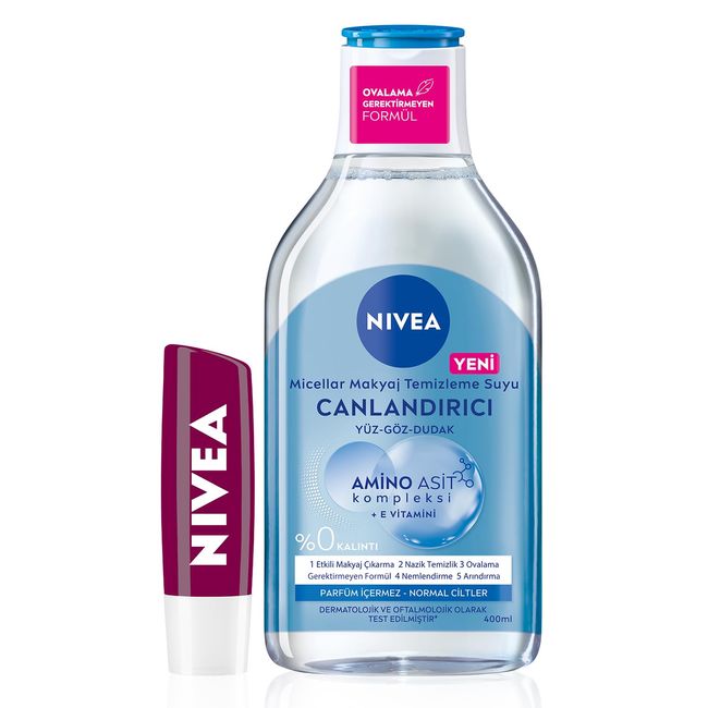 NIVEA Canlandırıcı Micellar Makyaj Temizleme Suyu Normal Ciltler 400ml ve NIVEA Böğürtlen Dudak Bakım Kremi 4,8gr - Makyaj Pamuğu Hediye