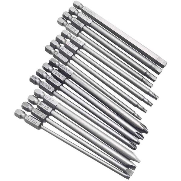 Bestgle 16pcs 1/4" Hex Shank 100mm/4 Inch Long Magnetic Screwdriver Bits Set, Hex Head Allen Wrench, Torx Security, Cross Phillips & Flat Head Slotted Tip Bit