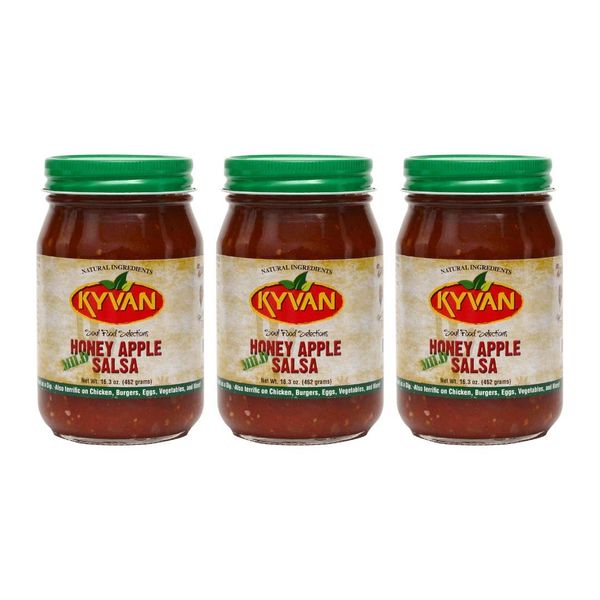 KYVAN Mild Honey Apple Salsa, 3 Pack, 16 oz, GMO Free, No High Fructose Corn Syrup, Gluten Free, Natural Ingredients, Chips and Dip, Fruit Salsa, Robust Tomatoes, Golden Honey, Crisp Apples, Array of Spices, Kettle Cooked in Small Batches