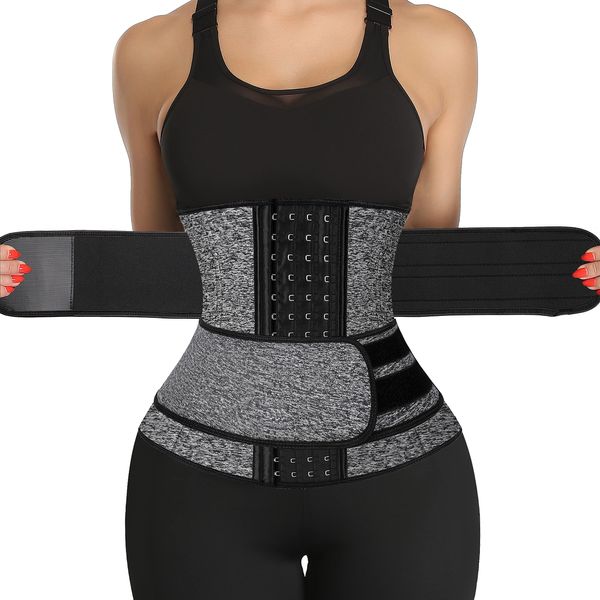 KIWI RATA Neoprene Sauna Waist Trainer Corset Sweat Belt with 2 Straps for Women Plus Size Compression Gym Workout Trimmer,#2 Hooks Grey,Large