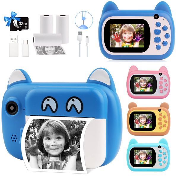 TOYOGO Instant Print Camera for Kids, Upgrade Selfie Kids Camera, Digital No Ink Video Camera with 3 Rolls Print Paper Camera, 1000 mAh,Dual Lens,1080P HD Video Recorder for Girls Boys Gifts Toys Blue