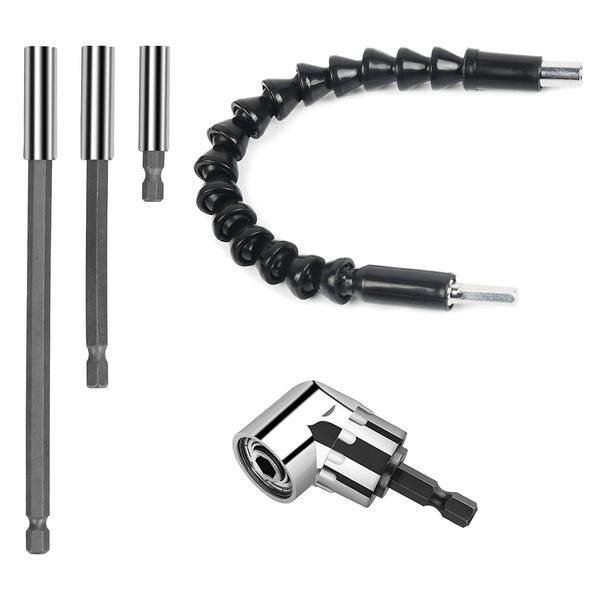 BAMZOK Drill Bit Extension Set 1/4'' Flexible Drill Bit Extension Right Angle Drill Attachment with 3pcs Magnetic Screwdriver Bit Holder for Daily Fixing Household