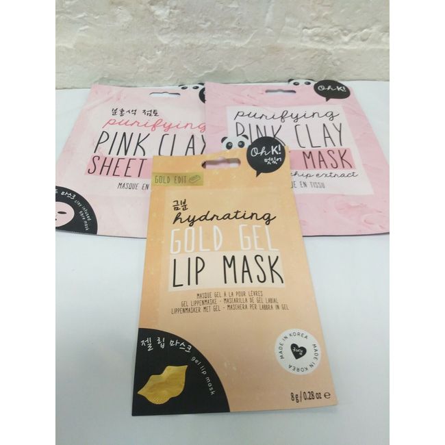 3 Oh K! Purifying Pink Clay Sheet Mask Made in Korea Brand New + Lips