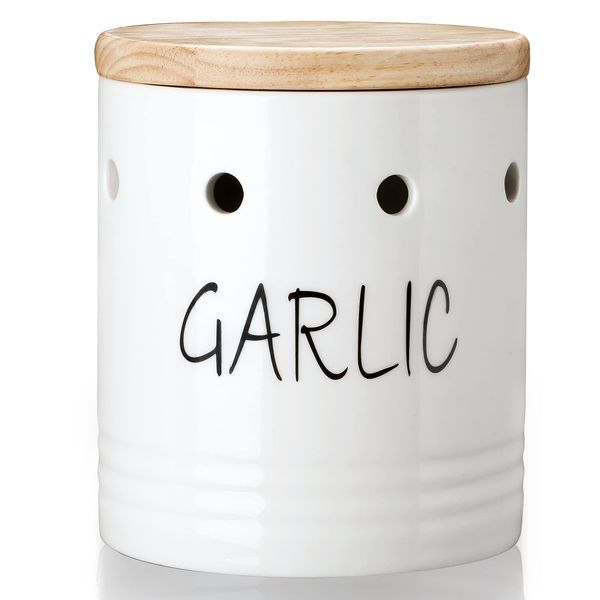 Ceramic Garlic Keeper with Wood Lid, Garlic Container for Counter Easy to Clean,Garlic Saver to Keep Your Garlic Cloves Fresh Longer,Farmhouse Garlic Holder Storage Container, 4.5-inch (White)