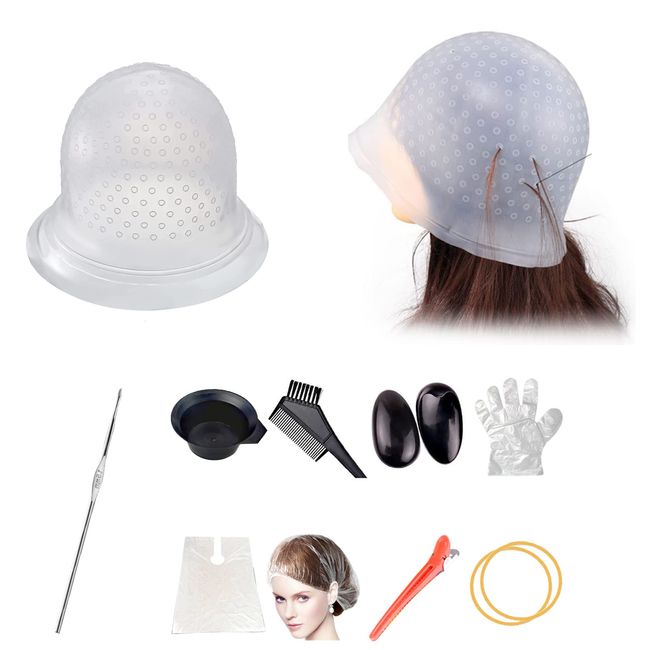 Werkzeuge Zum Färben Der Haare,Silikon Haarfärbe Kappen,Strähnchenhaube Mit Löcher,Haubensträhnen,Friseur Zubehör,Colouring Highlighting Cap,Silicone Marking Hat,Wiederverwendbar Mit Haarhaken,Kiuiom