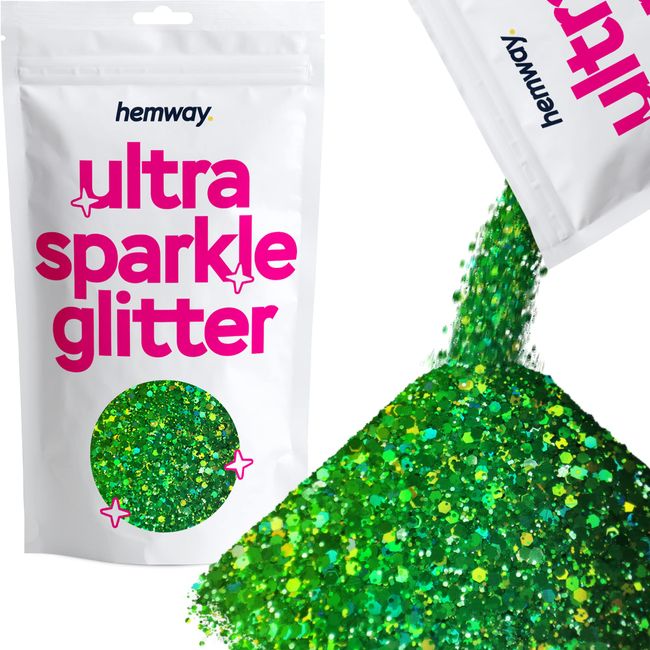 Hemway Ultra Sparkle Glitter - Multi-Size Chunky Fine Cosmetic Glitter Mix for Body Face Hair Eye Nail Art Festival, Crafts for Tumbler Resin Decorations - Emerald Green Holographic - 100g / 3.5oz