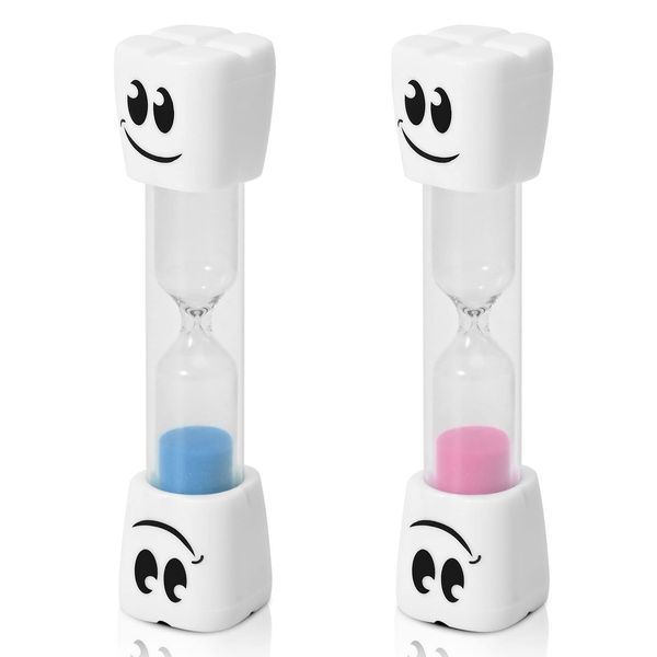 TeacherFav 2 Minute Toothbrush Sand Timer for Kids -Set of 2 Small Blue and Pink Smiley Hour Glass (2 Minute Smily Tooth-2 Pack)