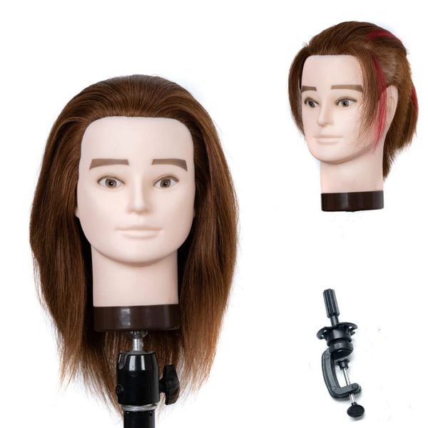 Male Mannequin Head with 100% Human Hair Haircut Training Head with Thick Hair Hairdresser Manikin Head Doll Head for Hair Styling and Practice Handsome Face Adult Head Size (Brown)