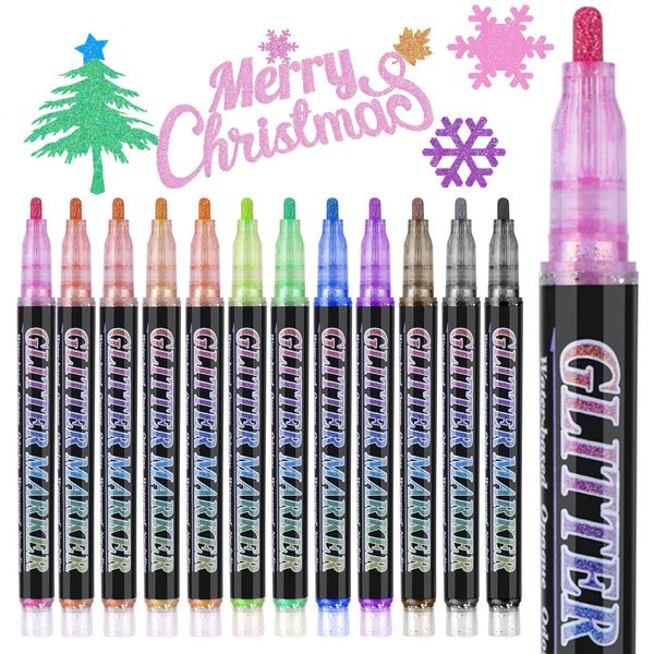 OLINGYOU Glitter Marker Pens,12 Colors Self-Shimmer Metallic Markers,Glitter Paint Pens DIY Crafts Greeting Birthday Cards, Making Poster,Album,Scrapbooking,Wood，Mugs